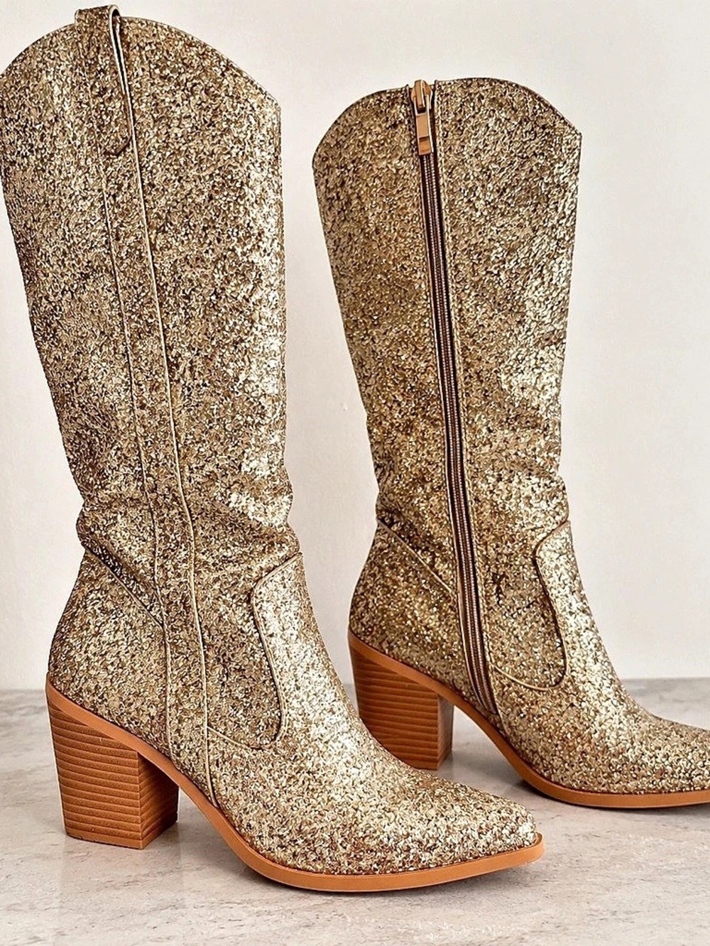 Glitter Heeled Western Boots in Gold